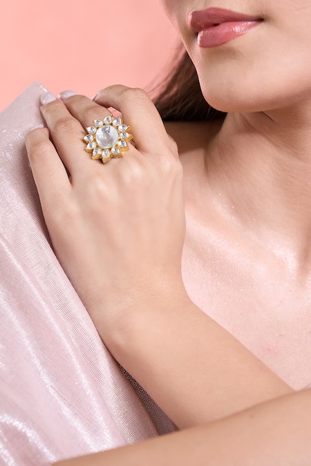 Buy Moh-Maya By Disha Khatri Gold Plated Stones Floral Moissanite Ring Online at Aza Fashions Buy_Moh-Maya By Disha Khatri_Gold Plated Stones Floral Moissanite Ring _Online_at_Aza_Fashions