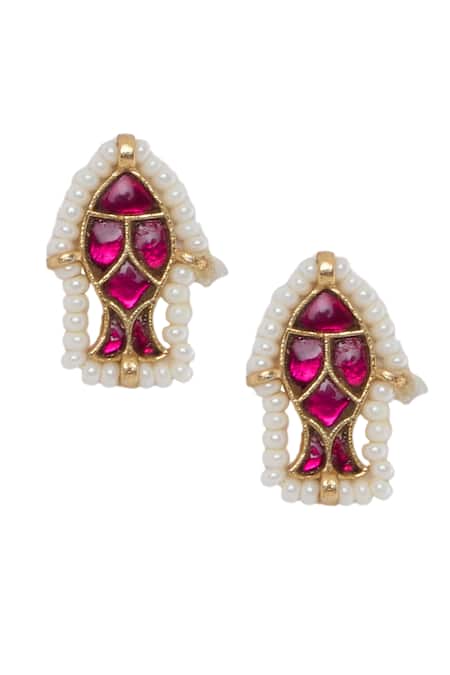 Buy_Moh-Maya By Disha Khatri_Gold Plated Pearls, Stones Floral Carved Choker And Earring Set _Online_at_Aza_Fashions