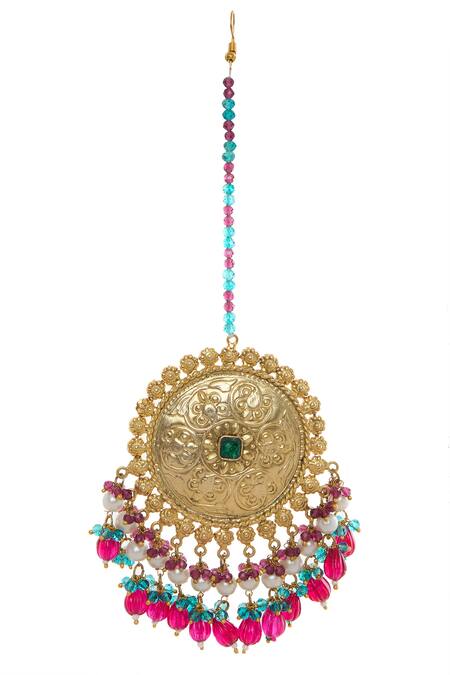 Moh-Maya By Disha Khatri_Multi Color Beads Gold Plated Floral Carved Jewelry Set _Online_at_Aza_Fashions