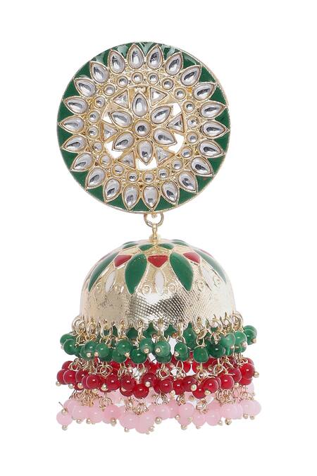 Shop Moh-Maya By Disha Khatri Multi Color Beads, Mirrors Gold Plated Multicolor Jhumkas Online at Aza Fashions Shop_Moh-Maya By Disha Khatri_Multi Color Beads, Mirrors Gold Plated Multicolor Jhumkas _Online_at_Aza_Fashions