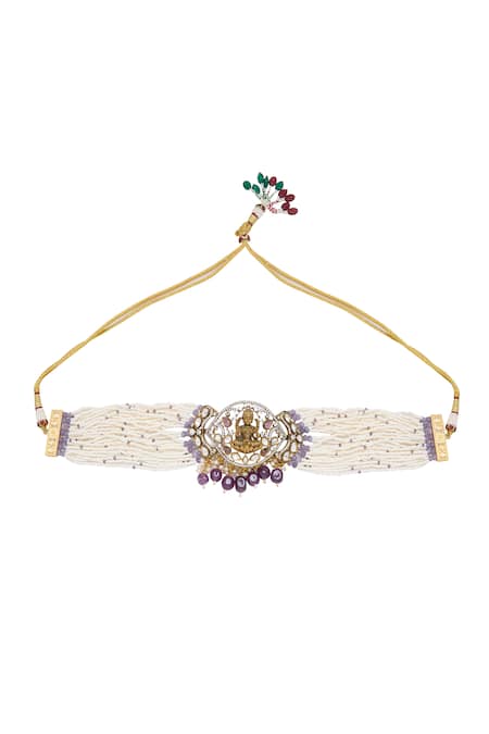Buy_Moh-Maya By Disha Khatri_White Beads, Diamonds Gold Plated Goddess Motif Necklace Set _Online_at_Aza_Fashions
