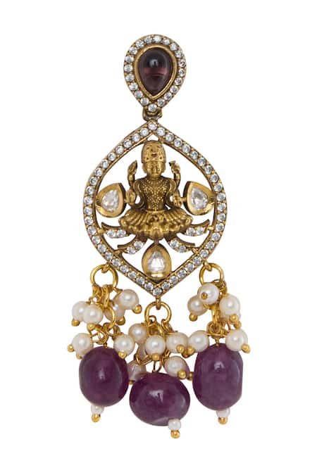 Shop_Moh-Maya By Disha Khatri_White Beads, Diamonds Gold Plated Goddess Motif Necklace Set _Online_at_Aza_Fashions