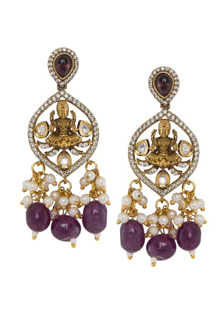 Moh-Maya By Disha Khatri_White Beads, Diamonds Gold Plated Goddess Motif Necklace Set _at_Aza_Fashions