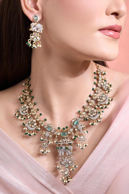 Buy Moh-Maya By Disha Khatri Green Pearls, Stones, Beads Gold Plated Elephant Motif Necklace Set Online at Aza Fashions Buy_Moh-Maya By Disha Khatri_Green Pearls, Stones, Beads Gold Plated Elephant Motif Necklace Set _Online_at_Aza_Fashions