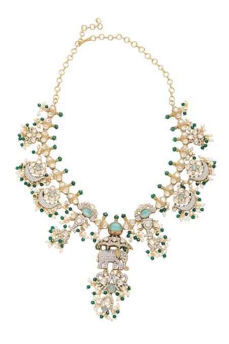 Shop Moh-Maya By Disha Khatri Green Pearls, Stones, Beads Gold Plated Elephant Motif Necklace Set Online at Aza Fashions Shop_Moh-Maya By Disha Khatri_Green Pearls, Stones, Beads Gold Plated Elephant Motif Necklace Set _Online_at_Aza_Fashions