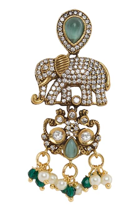 Moh-Maya By Disha Khatri Green Pearls, Stones, Beads Gold Plated Elephant Motif Necklace Set at Aza Fashions Moh-Maya By Disha Khatri_Green Pearls, Stones, Beads Gold Plated Elephant Motif Necklace Set _at_Aza_Fashions
