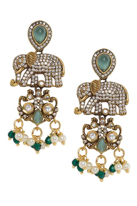 Buy Moh-Maya By Disha Khatri Green Pearls, Stones, Beads Gold Plated Elephant Motif Necklace Set Buy_Moh-Maya By Disha Khatri_Green Pearls, Stones, Beads Gold Plated Elephant Motif Necklace Set