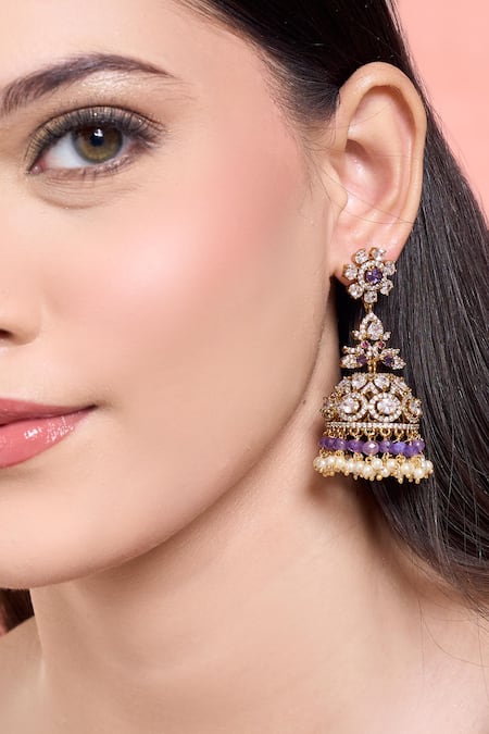 Moh-Maya By Disha Khatri White Pearls, Diamonds, Crystals Gold Plated Amethyst Moissanite Jhumkas Online at Aza Fashions Moh-Maya By Disha Khatri_White Pearls, Diamonds, Crystals Gold Plated Amethyst Moissanite Jhumkas _Online_at_Aza_Fashions