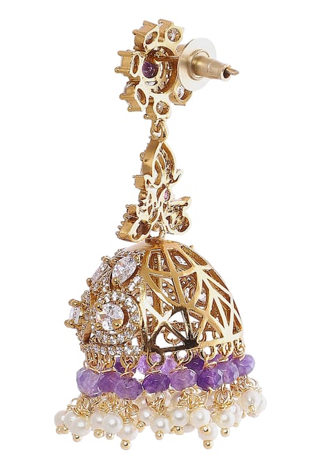 Buy Moh-Maya By Disha Khatri White Pearls, Diamonds, Crystals Gold Plated Amethyst Moissanite Jhumkas Online at Aza Fashions Buy_Moh-Maya By Disha Khatri_White Pearls, Diamonds, Crystals Gold Plated Amethyst Moissanite Jhumkas _Online_at_Aza_Fashions