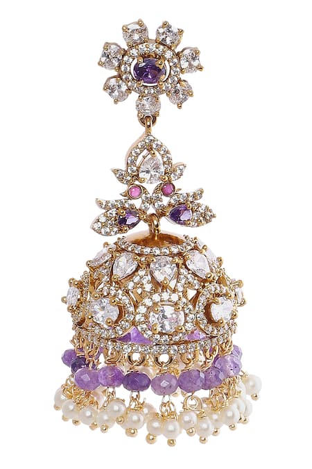 Shop Moh-Maya By Disha Khatri White Pearls, Diamonds, Crystals Gold Plated Amethyst Moissanite Jhumkas Online at Aza Fashions Shop_Moh-Maya By Disha Khatri_White Pearls, Diamonds, Crystals Gold Plated Amethyst Moissanite Jhumkas _Online_at_Aza_Fashions