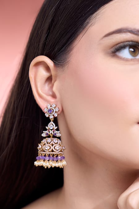 Moh-Maya By Disha Khatri White Pearls, Diamonds, Crystals Gold Plated Amethyst Moissanite Jhumkas at Aza Fashions Moh-Maya By Disha Khatri_White Pearls, Diamonds, Crystals Gold Plated Amethyst Moissanite Jhumkas _at_Aza_Fashions