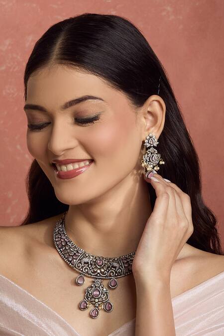 Moh-Maya By Disha Khatri_Pink Stones, Pearls Victorian Amethyst And Moissanite Necklace Set _Online_at_Aza_Fashions