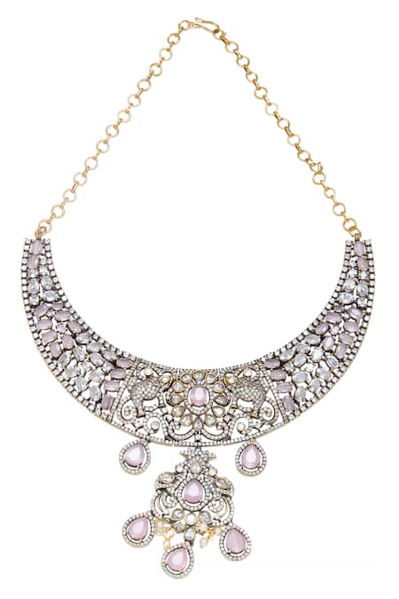 Buy_Moh-Maya By Disha Khatri_Pink Stones, Pearls Victorian Amethyst And Moissanite Necklace Set _Online_at_Aza_Fashions