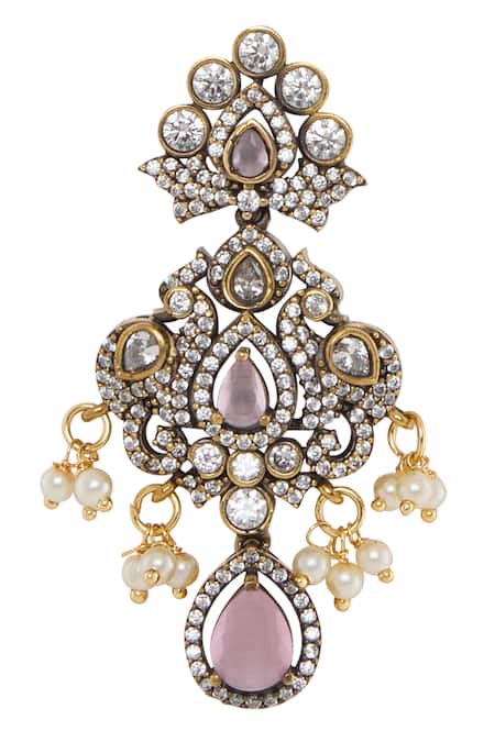 Moh-Maya By Disha Khatri_Pink Stones, Pearls Victorian Amethyst And Moissanite Necklace Set _at_Aza_Fashions