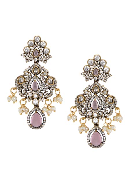 Buy_Moh-Maya By Disha Khatri_Pink Stones, Pearls Victorian Amethyst And Moissanite Necklace Set 