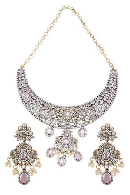 Shop_Moh-Maya By Disha Khatri_Pink Stones, Pearls Victorian Amethyst And Moissanite Necklace Set _at_Aza_Fashions