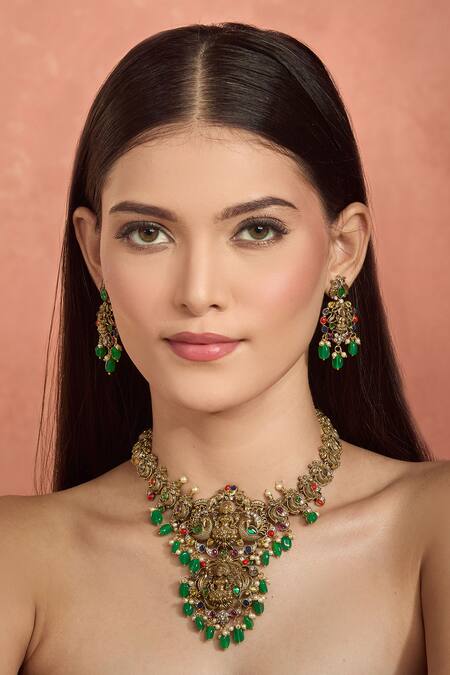 Buy Moh-Maya By Disha Khatri Multi Color Pearls, Stones Goddess Motif Carved Necklace Set Online at Aza Fashions Buy_Moh-Maya By Disha Khatri_Multi Color Pearls, Stones Goddess Motif Carved Necklace Set _Online_at_Aza_Fashions