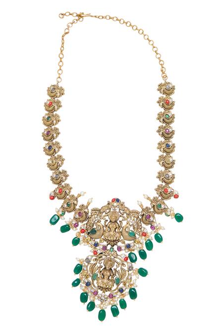 Buy Moh-Maya By Disha Khatri Multi Color Pearls, Stones Goddess Motif Carved Necklace Set Buy_Moh-Maya By Disha Khatri_Multi Color Pearls, Stones Goddess Motif Carved Necklace Set