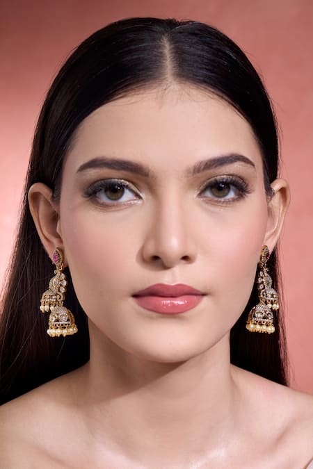 Moh-Maya By Disha Khatri Gold Plated Pearls, Ruffles, Stones Peacock Motif Jhumkas Online at Aza Fashions Moh-Maya By Disha Khatri_Gold Plated Pearls, Ruffles, Stones Peacock Motif Jhumkas _Online_at_Aza_Fashions