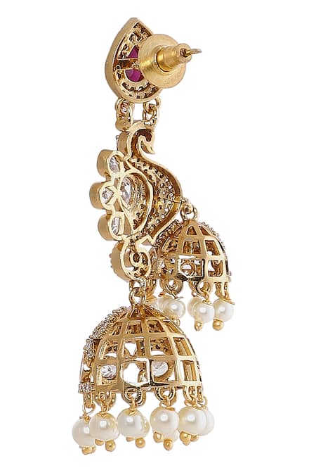 Buy Moh-Maya By Disha Khatri Gold Plated Pearls, Ruffles, Stones Peacock Motif Jhumkas Online at Aza Fashions Buy_Moh-Maya By Disha Khatri_Gold Plated Pearls, Ruffles, Stones Peacock Motif Jhumkas _Online_at_Aza_Fashions