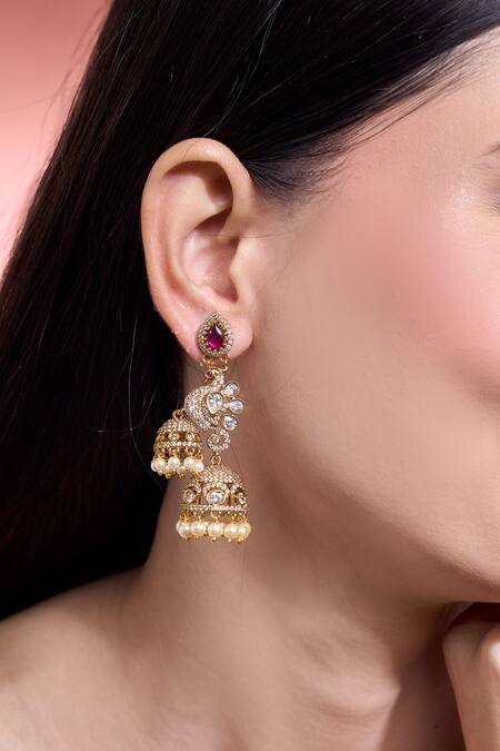 Shop Moh-Maya By Disha Khatri Gold Plated Pearls, Ruffles, Stones Peacock Motif Jhumkas Online at Aza Fashions Shop_Moh-Maya By Disha Khatri_Gold Plated Pearls, Ruffles, Stones Peacock Motif Jhumkas _Online_at_Aza_Fashions