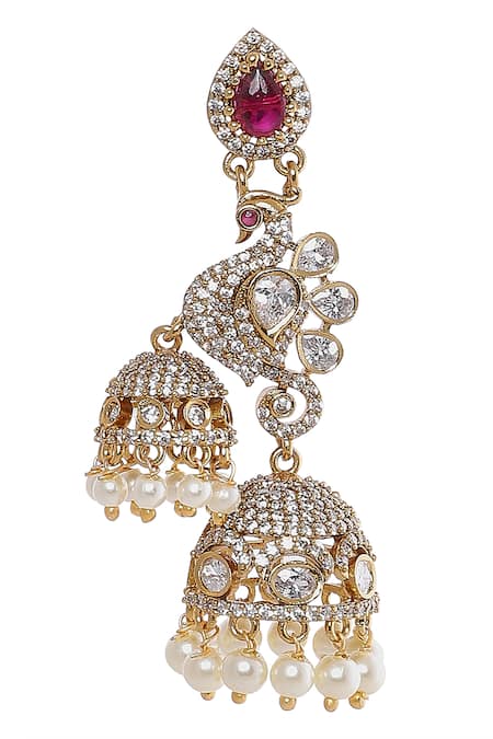 Moh-Maya By Disha Khatri Gold Plated Pearls, Ruffles, Stones Peacock Motif Jhumkas at Aza Fashions Moh-Maya By Disha Khatri_Gold Plated Pearls, Ruffles, Stones Peacock Motif Jhumkas _at_Aza_Fashions