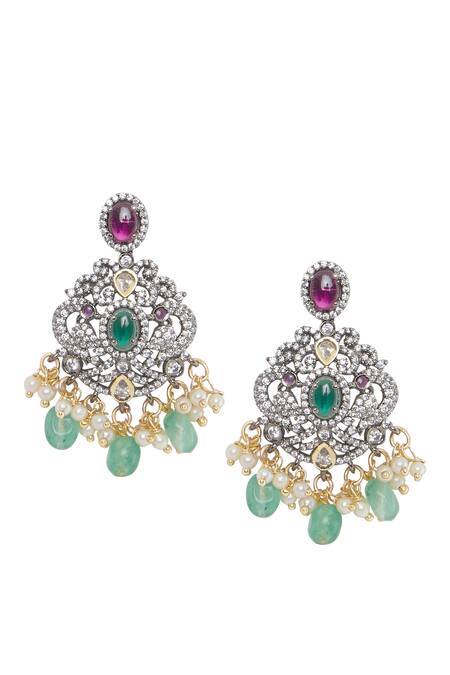 Moh-Maya By Disha Khatri Green Pearls, Diamonds, Stones Peacock Motif Emerald Necklace Set Online at Aza Fashions Moh-Maya By Disha Khatri_Green Pearls, Diamonds, Stones Peacock Motif Emerald Necklace Set _Online_at_Aza_Fashions