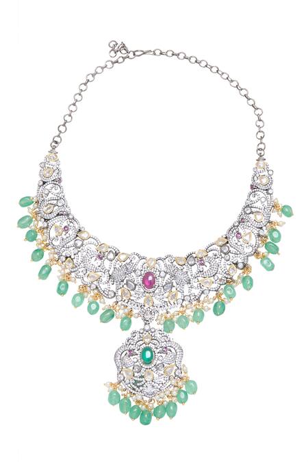 Shop Moh-Maya By Disha Khatri Green Pearls, Diamonds, Stones Peacock Motif Emerald Necklace Set Online at Aza Fashions Shop_Moh-Maya By Disha Khatri_Green Pearls, Diamonds, Stones Peacock Motif Emerald Necklace Set _Online_at_Aza_Fashions