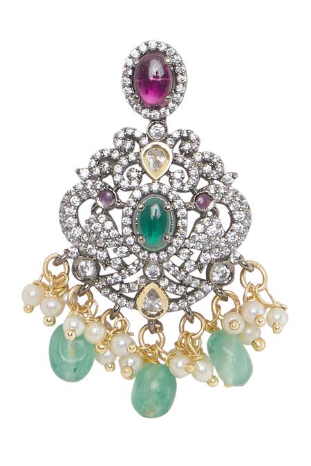 Moh-Maya By Disha Khatri Green Pearls, Diamonds, Stones Peacock Motif Emerald Necklace Set at Aza Fashions Moh-Maya By Disha Khatri_Green Pearls, Diamonds, Stones Peacock Motif Emerald Necklace Set _at_Aza_Fashions