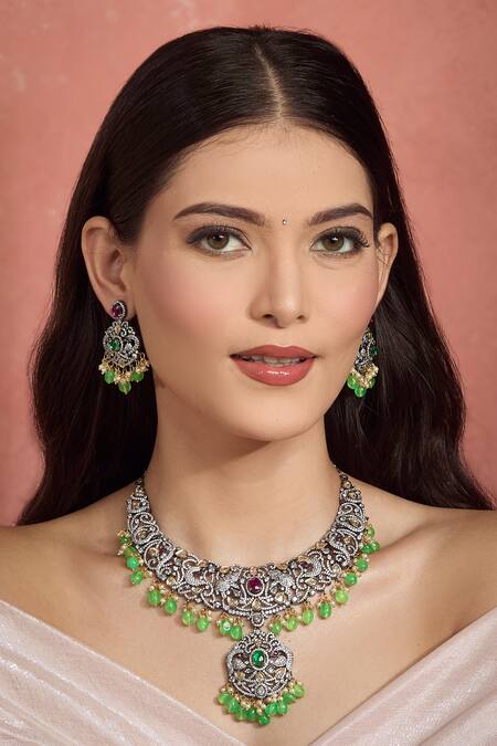 Buy Moh-Maya By Disha Khatri Green Pearls, Diamonds, Stones Peacock Motif Emerald Necklace Set Buy_Moh-Maya By Disha Khatri_Green Pearls, Diamonds, Stones Peacock Motif Emerald Necklace Set