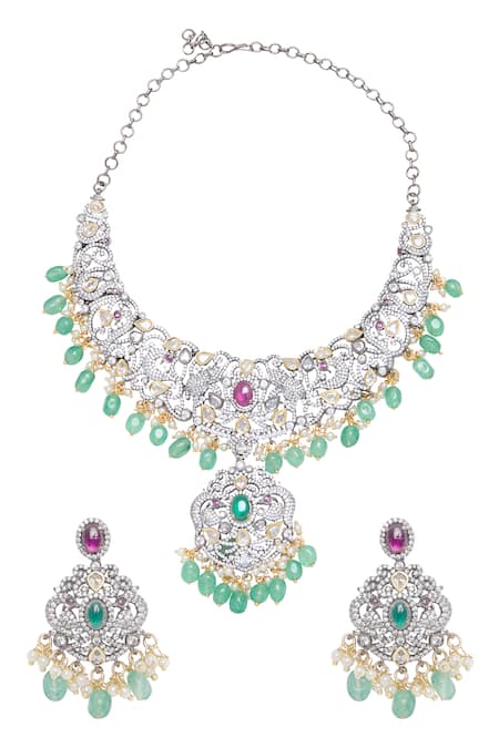 Moh-Maya By Disha Khatri Peacock Motif Emerald Necklace Set
