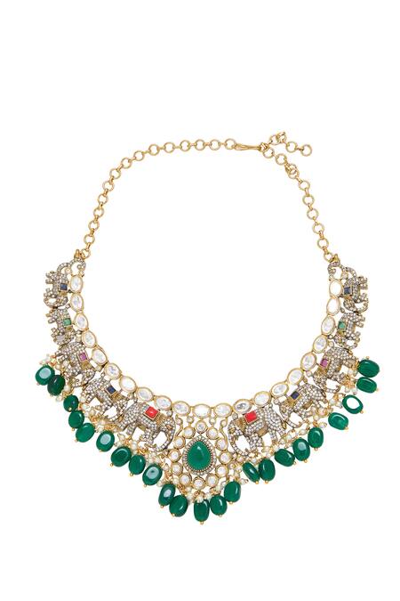 Moh-Maya By Disha Khatri Multi Color Pearls, Stones Elephant Motif Necklace And Earrings Set at Aza Fashions Moh-Maya By Disha Khatri_Multi Color Pearls, Stones Elephant Motif Necklace And Earrings Set _at_Aza_Fashions