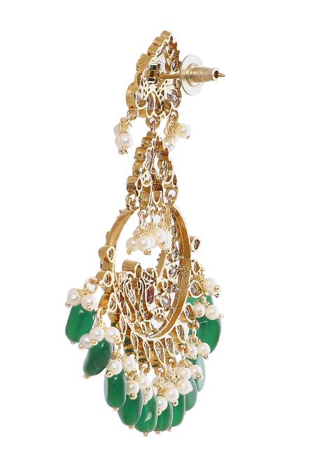 Moh-Maya By Disha Khatri_Green Pearls, Diamonds, Stones Peacock Motif Dangler Earrings _Online_at_Aza_Fashions