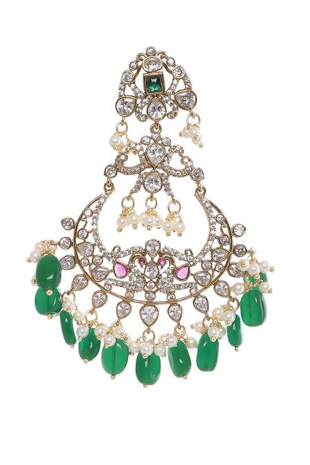 Buy_Moh-Maya By Disha Khatri_Green Pearls, Diamonds, Stones Peacock Motif Dangler Earrings _Online_at_Aza_Fashions