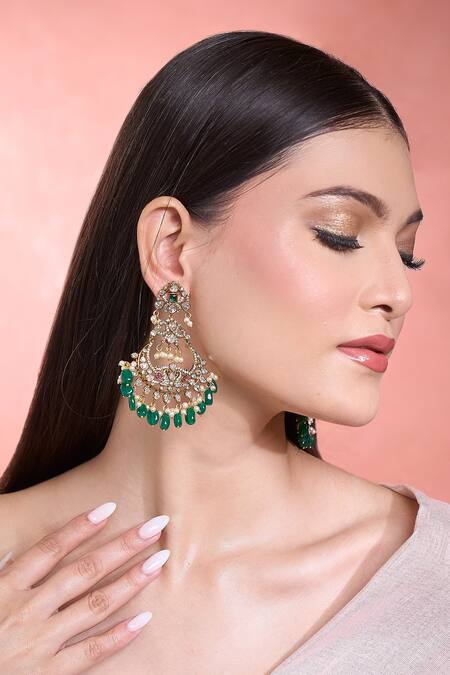 Shop_Moh-Maya By Disha Khatri_Green Pearls, Diamonds, Stones Peacock Motif Dangler Earrings _Online_at_Aza_Fashions