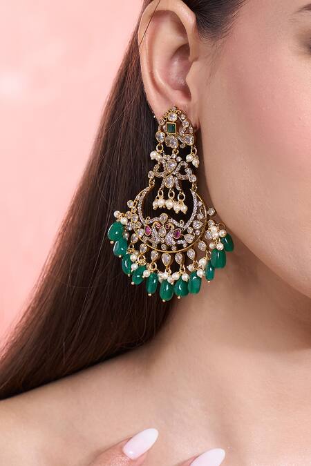Moh-Maya By Disha Khatri_Green Pearls, Diamonds, Stones Peacock Motif Dangler Earrings _at_Aza_Fashions