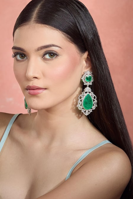 Buy Moh-Maya By Disha Khatri Green Stones, Zari Emerald Dangler Earrings Online at Aza Fashions Buy_Moh-Maya By Disha Khatri_Green Stones, Zari Emerald Dangler Earrings _Online_at_Aza_Fashions