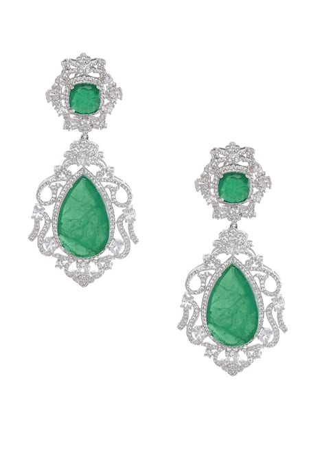 Shop Moh-Maya By Disha Khatri Green Stones, Zari Emerald Dangler Earrings at Aza Fashions Shop_Moh-Maya By Disha Khatri_Green Stones, Zari Emerald Dangler Earrings _at_Aza_Fashions