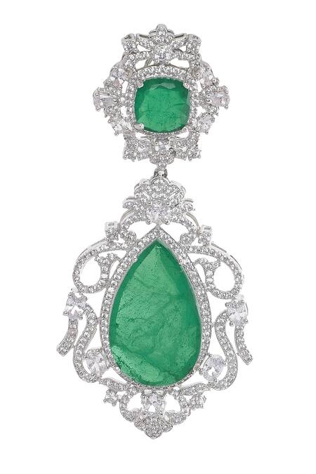 Shop Moh-Maya By Disha Khatri Green Stones, Zari Emerald Dangler Earrings Online at Aza Fashions Shop_Moh-Maya By Disha Khatri_Green Stones, Zari Emerald Dangler Earrings _Online_at_Aza_Fashions