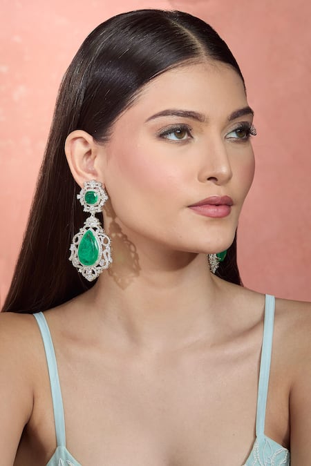 Moh-Maya By Disha Khatri Green Stones, Zari Emerald Dangler Earrings at Aza Fashions Moh-Maya By Disha Khatri_Green Stones, Zari Emerald Dangler Earrings _at_Aza_Fashions