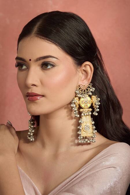Moh-Maya By Disha Khatri_Gold Plated Stones, Bows Moissanite Embellished Dangler Earrings _Online_at_Aza_Fashions