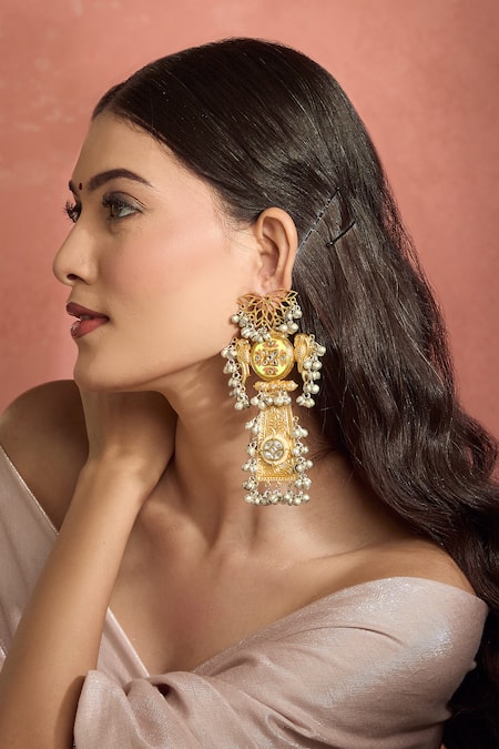Shop_Moh-Maya By Disha Khatri_Gold Plated Stones, Bows Moissanite Embellished Dangler Earrings _Online_at_Aza_Fashions