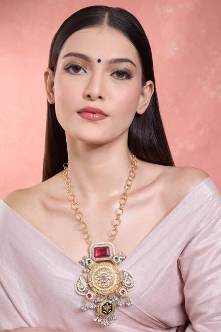Shop Moh-Maya By Disha Khatri Multi Color Moissanite Stone Long Necklace Online at Aza Fashions Shop_Moh-Maya By Disha Khatri_Multi Color Moissanite Stone Long Necklace_Online_at_Aza_Fashions