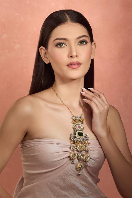 Moh-Maya By Disha Khatri_Multi Color Rhinestones Floral And Animal Carved Long Necklace_Online_at_Aza_Fashions