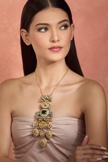 Buy_Moh-Maya By Disha Khatri_Multi Color Rhinestones Floral And Animal Carved Long Necklace_Online_at_Aza_Fashions