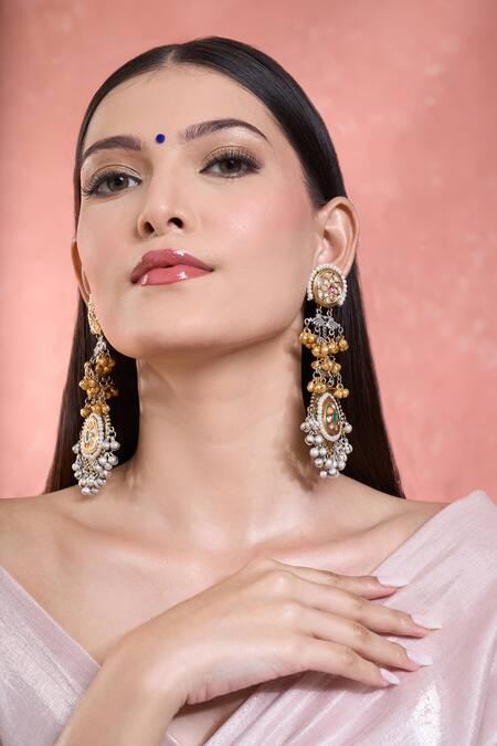 Moh-Maya By Disha Khatri_Multi Color Bows, Rhinestones, Studs Floral Carved Motif Dangler Earrings _Online_at_Aza_Fashions