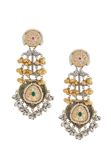 Shop_Moh-Maya By Disha Khatri_Multi Color Bows, Rhinestones, Studs Floral Carved Motif Dangler Earrings _at_Aza_Fashions