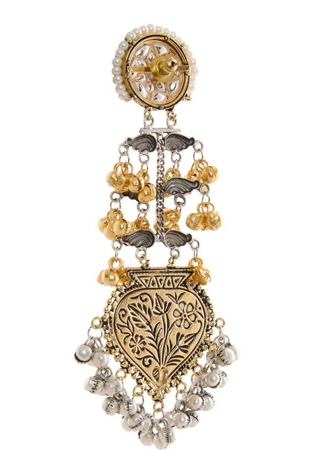 Shop_Moh-Maya By Disha Khatri_Multi Color Bows, Rhinestones, Studs Floral Carved Motif Dangler Earrings _Online_at_Aza_Fashions