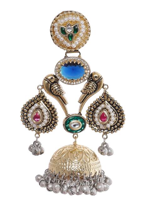 Buy_Moh-Maya By Disha Khatri_Multi Color Stones Parrot Carved Motif Jhumkas_Online_at_Aza_Fashions