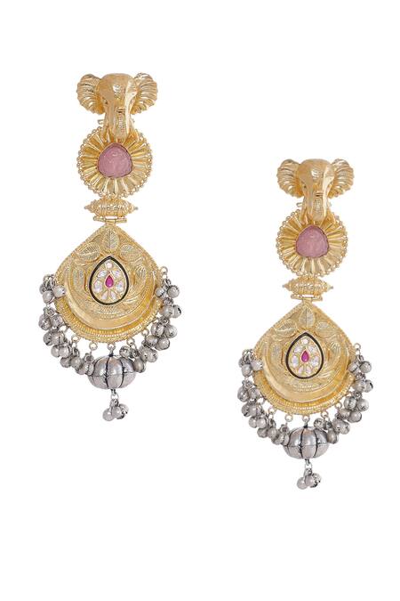 Shop Moh-Maya By Disha Khatri Multi Color Rhinestones, Stones, Studs, Elephant Carved Motif Dangler Earrings at Aza Fashions Shop_Moh-Maya By Disha Khatri_Multi Color Rhinestones, Stones, Studs, Elephant Carved Motif Dangler Earrings_at_Aza_Fashions